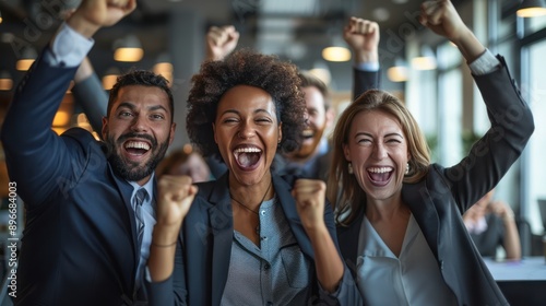 Success Celebration: Diverse Business Team Cheers After Project Completion at Office