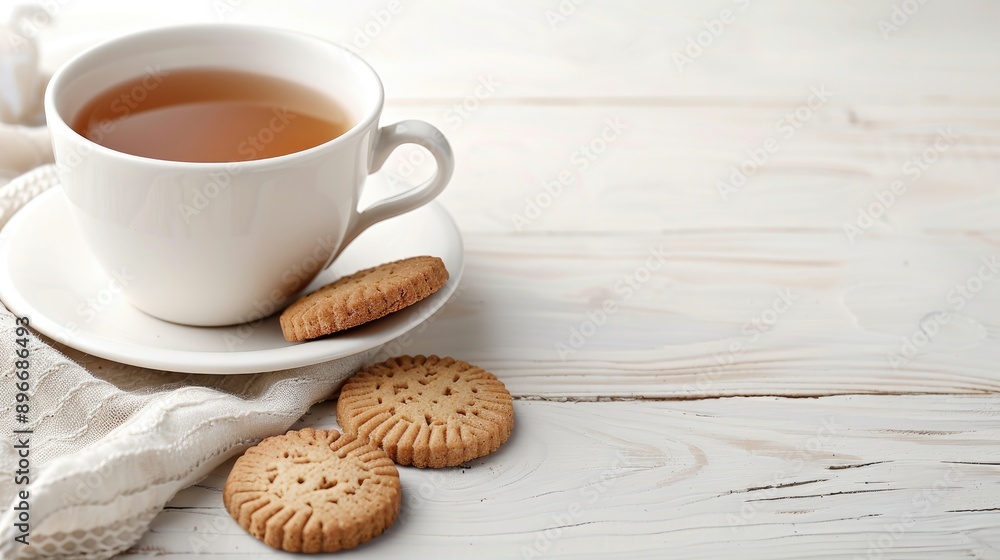Tea cup on saucer with cookies on white wood background with text space Tea cup on saucer with cookies on white wood background with text space