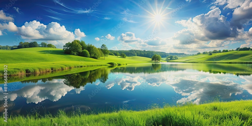 High-definition rendered green grassland with a pristine lake lush grass, clear water, bright reflections, sunny sky High-definition rendered green grassland with a pristine lake lush grass, clear water, bright reflections, sunny sky