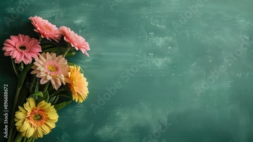 Teacher s Day flat lay with floral composition on green chalkboard text space photo