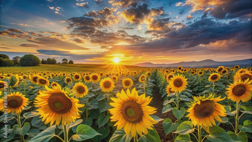 Obraz premium Sunflower field in full bloom during a stunning sunset, sunflower, field, bloom, sunset, nature, colorful, agriculture, beauty