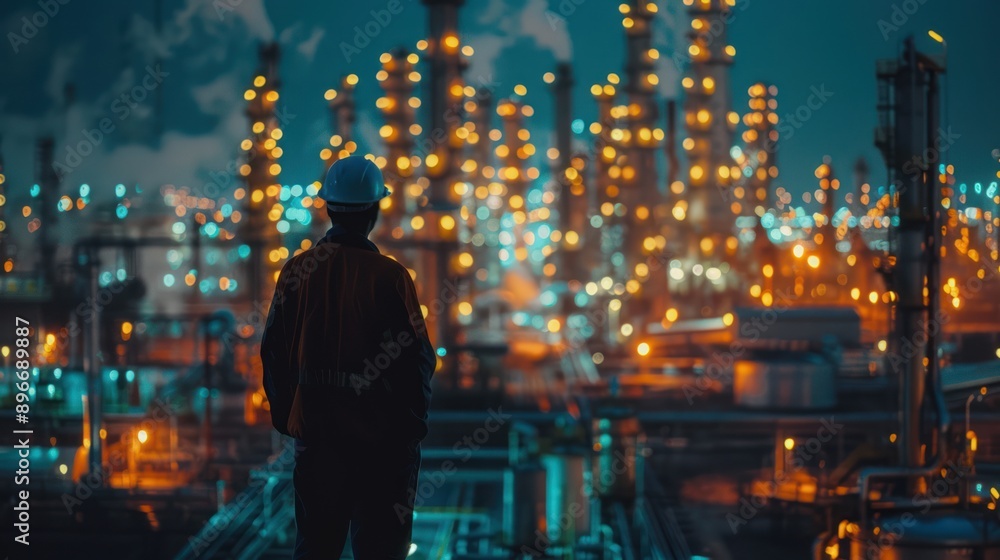 Nighttime Engineer overlooking Oil Refinery with Futuristic Hologram and Industrial Instruments Nighttime Engineer overlooking Oil Refinery with Futuristic Hologram and Industrial Instruments