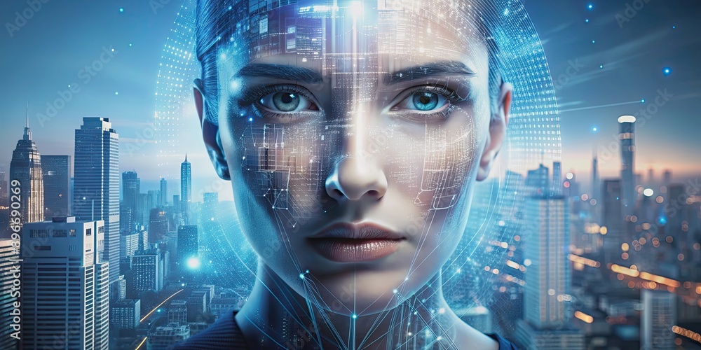 Abstract face integrated with technology elements against a futuristic cityscape backdrop, abstract, face, technology Abstract face integrated with technology elements against a futuristic cityscape backdrop, abstract, face, technology