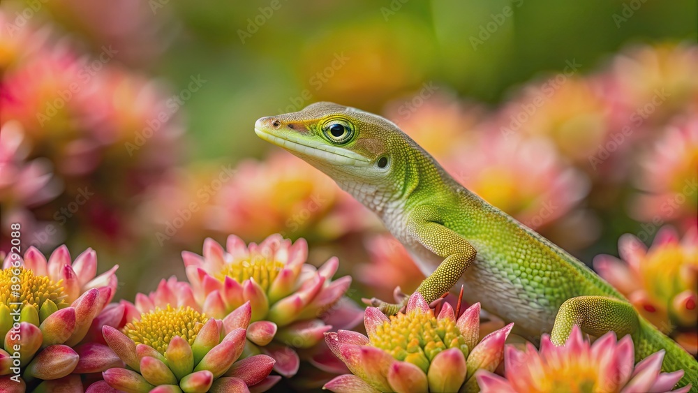 Fototapeta premium Carolina anole lizard perched on sedum flowers in a North Carolina garden, Carolina anole, lizard, sedum flowers