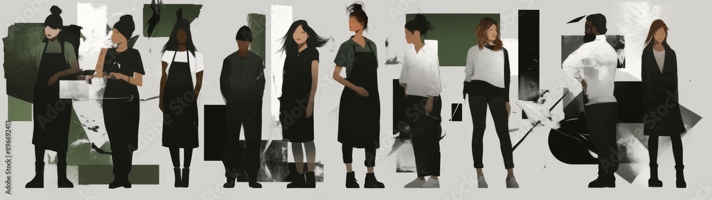 Stylized figures in modern fashion attire stand in a dynamic arrangement, showcasing a blend of colors and abstract shapes, conveying a sense of contemporary artistry. Stylized figures in modern fashion attire stand in a dynamic arrangement, showcasing a blend of colors and abstract shapes, conveying a sense of contemporary artistry.