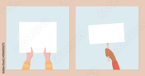 Hands hold signs at social media template set. Hand with blank banner emphasizes the protest, with people showing community strength, support, and solidarity for global causes.