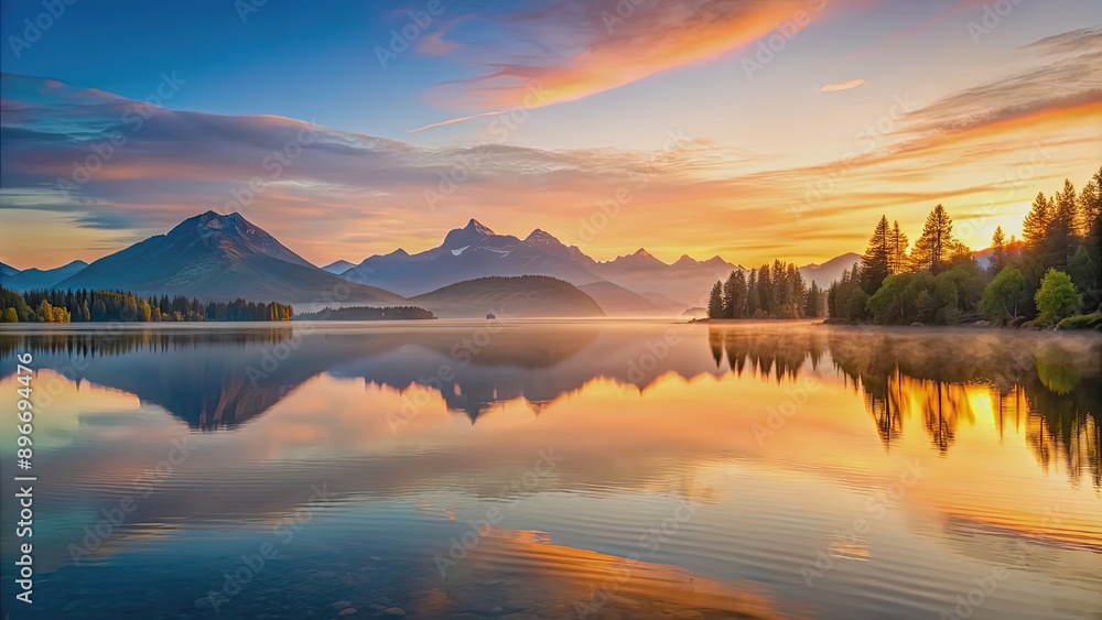 Fototapeta premium Serene lakeside at sunrise with mountains in the background and calm water reflecting the sky, serene, lakeside