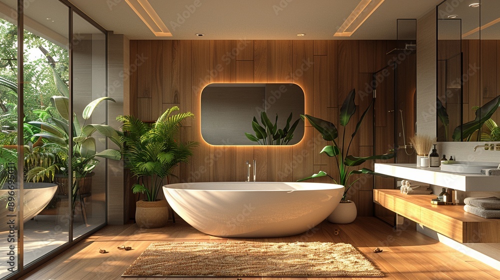 Modern bathroom with a freestanding bathtub minimalist fixtures and large mirror bright lighting clean lines digital rendering Modern bathroom with a freestanding bathtub minimalist fixtures and large mirror bright lighting clean lines digital rendering