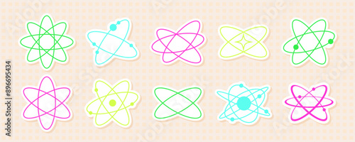 A collection of neon atom shape stickers featuring wireframe and grid designs. Abstract 2D patterns with Y2K graphics in vibrant colors, perfect for digital and tech themes.