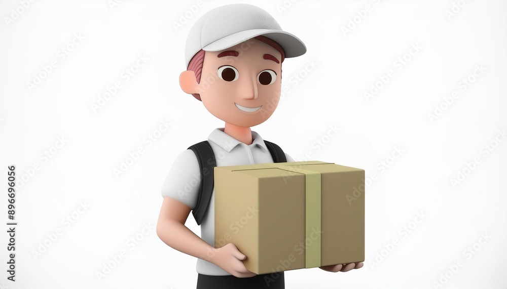 3d delivery man standing and holding package and copy space for text, isolated on a white background 3d delivery man standing and holding package and copy space for text, isolated on a white background