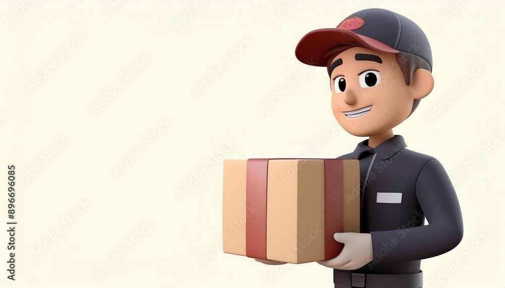 3d delivery man standing and holding package and copy space for text, isolated on a white background 3d delivery man standing and holding package and copy space for text, isolated on a white background