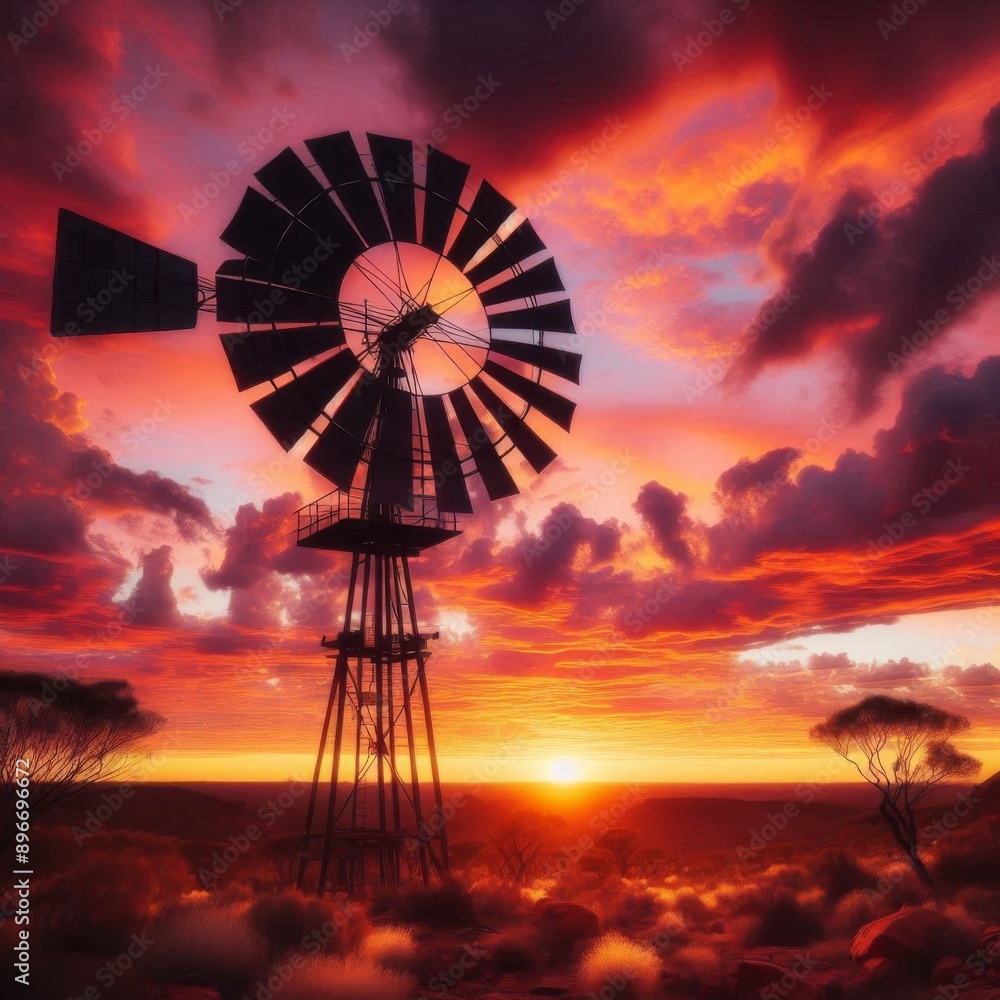 Remote Central Australia windmill silhouetted against a stunning sunset Remote Central Australia windmill silhouetted against a stunning sunset