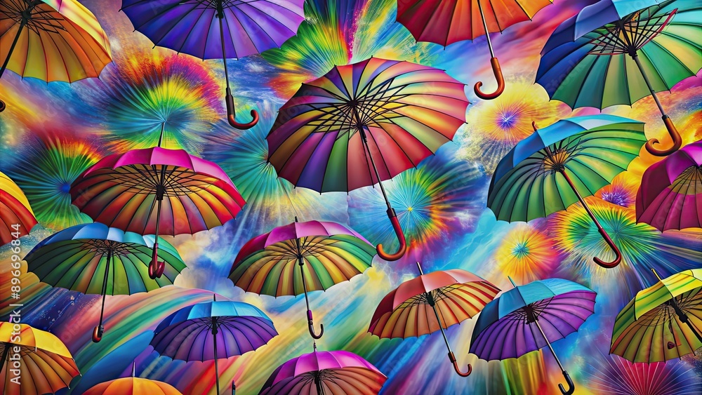 Naklejka premium Colorful umbrellas floating in mid-air amidst a psychedelic background , umbrellas, floating