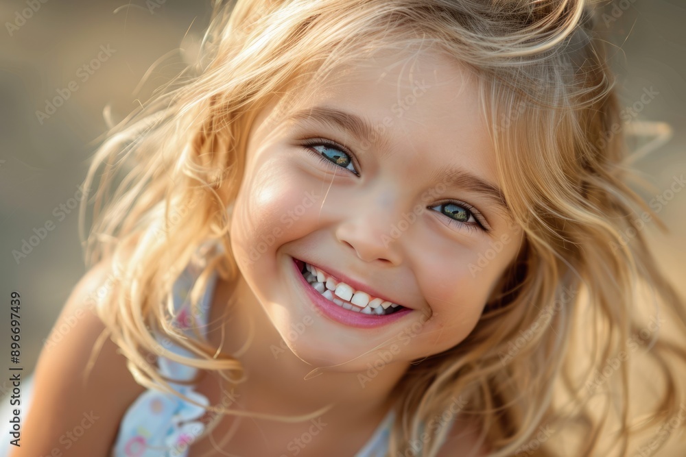 Happy smiling little girl with blonde hair outdoors. Cute child with beautiful face looking into camera close-up portrait