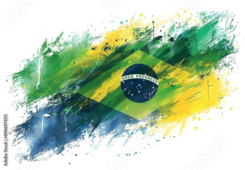 Vibrant Brazilian Flag Painted with Artistic Brush Strokes on White Background