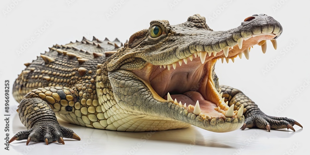 Naklejka premium Dangerous crocodile with open mouth isolated on white background for graphic design projects, crocodile, dangerous