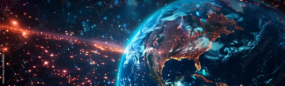 Fototapeta premium Planet Earth showing Globe North America in starry sky viewed from space. Digital global network technology concept. Panoramic banner view. Generative AI