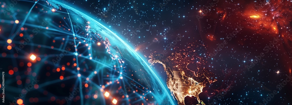 Planet Earth showing Globe North America in starry sky viewed from space. Digital global network technology concept. Panoramic banner view. Generative AI Planet Earth showing Globe North America in starry sky viewed from space. Digital global network technology concept. Panoramic banner view. Generative AI