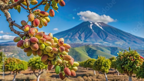 Closeup view of ripe pistachio bunch on tree with Mount Etna in the background, pistachio, bunch, tree, harvest, Bronte, Sicily