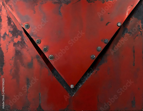 Red metal triangle with visible rivets and holes arranged in a geometric pattern. The surface of the triangle is smooth and painted in a vibrant red color, contrasting with the silver rivets.