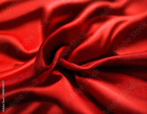 Detailed close up of a vibrant red fabric, showcasing its texture and intricate weave pattern. The fabric appears rich and luxurious, with a deep red color that catches the eye.