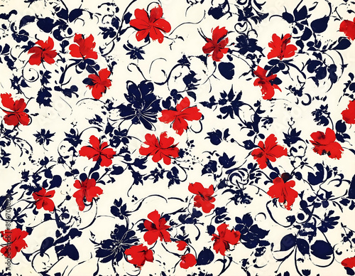 Detailed floral pattern featuring red, white, and blue colors intricately designed on a clean white background. The pattern showcases vibrant blooms and intricate foliage.