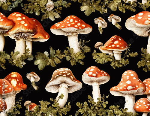 Cluster of various mushrooms of different shapes and sizes sitting on the forest floor. The fungi are surrounded by lush green vegetation, trees, and fallen leaves in a natural setting.
