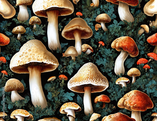 Group of various mushrooms of different shapes and sizes lying scattered across the ground in a forest setting. The mushrooms are surrounded by fallen leaves and twigs.