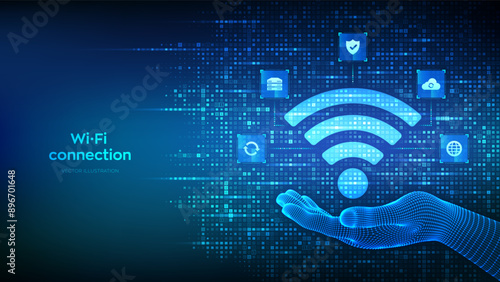 Wi-Fi network icon. Wi Fi sign made with binary code in hand. Wlan access, wireless hotspot signal. Mobile connection zone. Data transfer icons connections. Mobile transmission. Vector illustration.