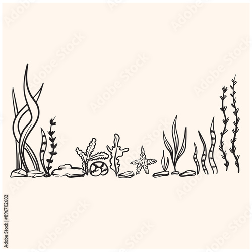 Underwater world, seabed, nature. Kelp algae, reef corals, bubbles With illustration style doodle and line art