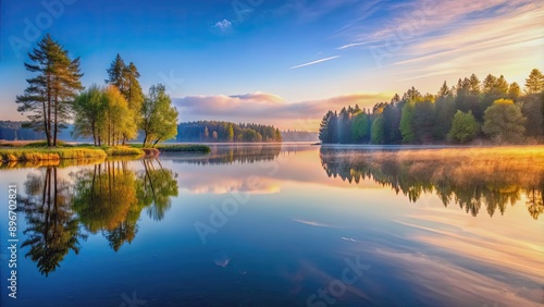 Tranquil lake reflecting the morning light, water, calm, serene, reflection, peaceful, nature, sunrise, dawn, misty