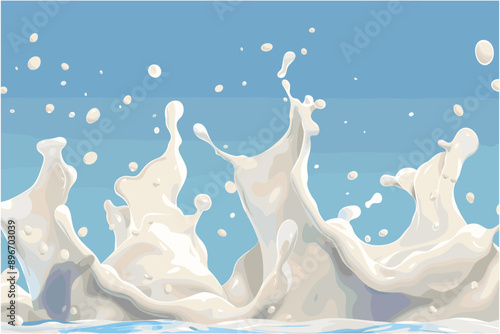 Milk splash vector illustration. Milk splash on blue background. Natural dairy product. Pouring milk splash background. Realistic milk splashes with drops and splatters. Vector illustration