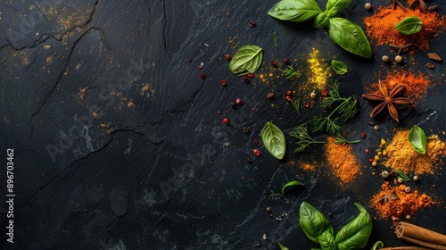 Spices powder on black slate background. Food frame. Pepper, turmelic, dill, cinnamon, basil. Top view with copy space.