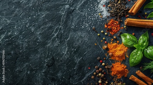 Spices powder on black slate background. Food frame. Pepper, turmelic, dill, cinnamon, basil. Top view with copy space. photo