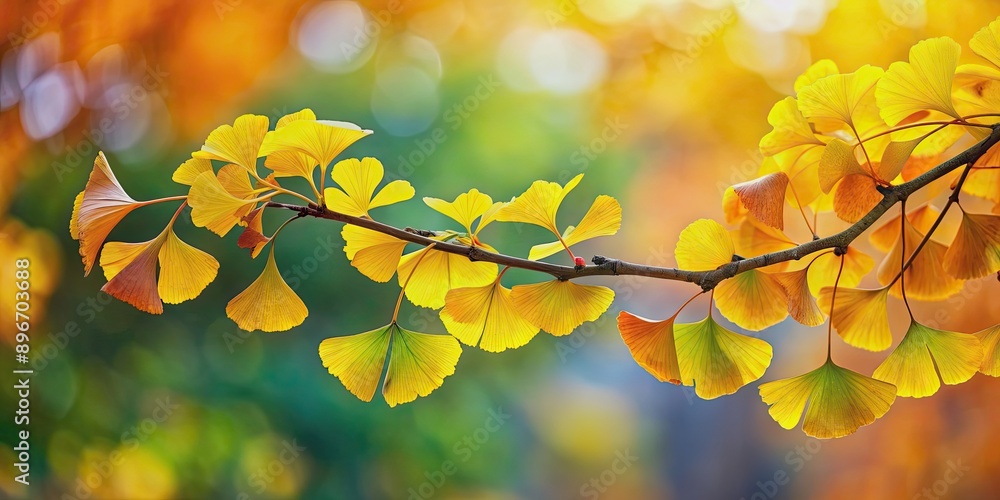 Ginkgo branch with vibrant autumn leaves falling in the background, Ginkgo, branch, leaves, autumn, fall, season, colorful, vibrant Ginkgo branch with vibrant autumn leaves falling in the background, Ginkgo, branch, leaves, autumn, fall, season, colorful, vibrant