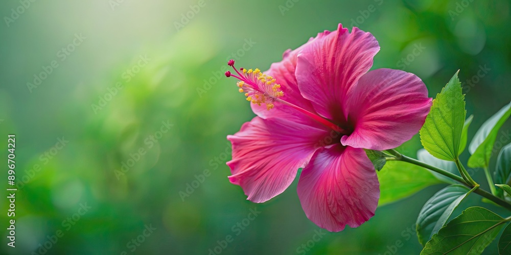 Fototapeta premium Vibrant pink hibiscus flower on a green background, tropical, botanical, flora, exotic, nature, bloom, blooming, petals, vibrant