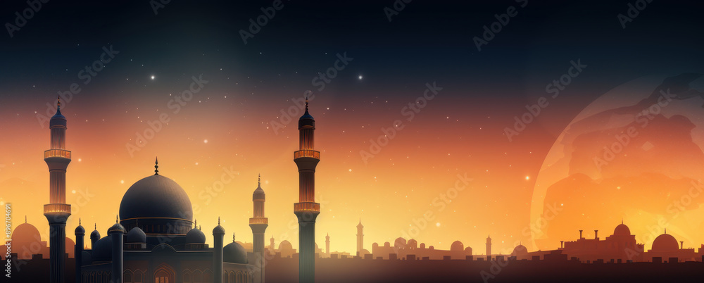 Obraz premium Islamic theme background, majestic mosque, and the city at dawn sky.