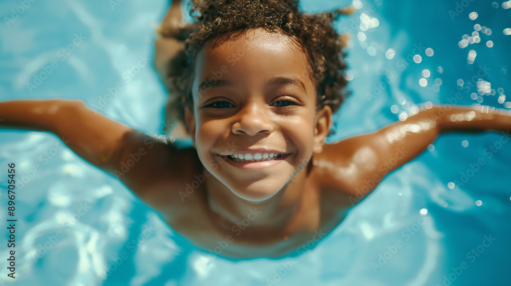 African american young boy with curly hair swims underwater in a clear blue pool, his face looking up and smiling African american young boy with curly hair swims underwater in a clear blue pool, his face looking up and smiling
