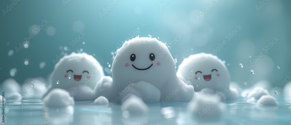 Adorable fluffy snow creatures with happy faces on a light blue background, evoking a sense of winter fun and cheer. Adorable fluffy snow creatures with happy faces on a light blue background, evoking a sense of winter fun and cheer.