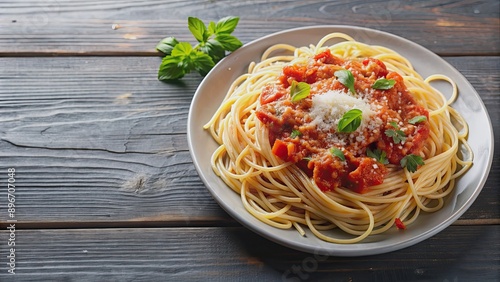 Delicious plate of spaghetti with rich tomato sauce and grated cheese, pasta, Italian, food, cuisine, noodles, dinner