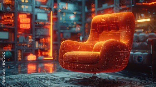 Futuristic orange chair in a high-tech room with neon lights and advanced technology, creating a modern, sci-fi scene. photo