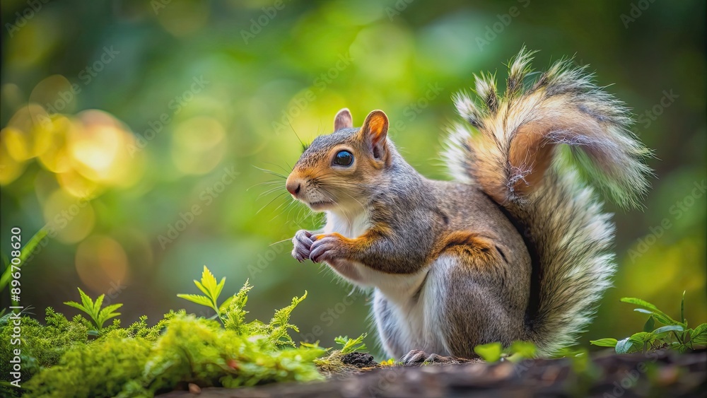 A close-up photo of a playful squirrel with fluffy tail in a lush forest setting, Wildlife, cute, nature, animal, furry A close-up photo of a playful squirrel with fluffy tail in a lush forest setting, Wildlife, cute, nature, animal, furry