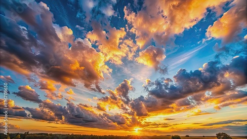 Fototapeta Naklejka Na Ścianę i Meble -  Evening sky with fluffy clouds at sunset, sunset, evening, sky, clouds, fluffy, nature, weather, atmospheric, peaceful