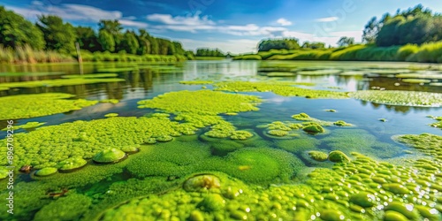 Close-up view of vibrant green algae growing in a freshwater pond, algae, green, plant, aquatic, nature
