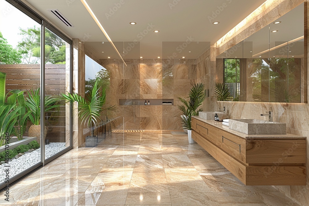 Modern bedroom with a lowprofile bed minimalist decor and floortoceiling windows neutral color palette soft sunlight digital painting Modern bedroom with a lowprofile bed minimalist decor and floortoceiling windows neutral color palette soft sunlight digital painting