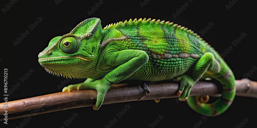 Fototapeta premium Green chameleon camouflaged on black background, chameleon, reptile, nature, green, camouflage, isolated, animal, creature