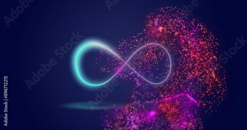 Image of glowing pink mesh moving over infinity sign on blue background photo