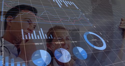 Image of financial data processing over diverse doctors in hospital