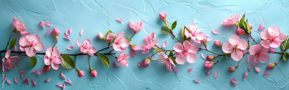 Pastel Bloom: Beautiful Pink Spring Flowers on Blue Tabletop - Floral Border in Flat Lay Style Pastel Bloom: Beautiful Pink Spring Flowers on Blue Tabletop - Floral Border in Flat Lay Style