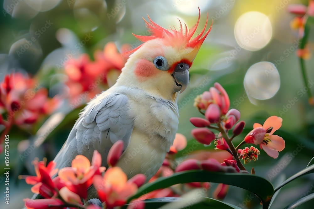 Close-up of a Cockatiel bird perched among tropical flowers in a lush rainforest, showcasing their natural beauty against a vibrant, green backdrop. Close-up of a Cockatiel bird perched among tropical flowers in a lush rainforest, showcasing their natural beauty against a vibrant, green backdrop.